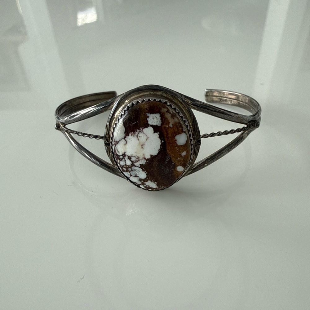 Vintage Sterling Silver Cuff Bracelet w/ Polished Brown & White Stone